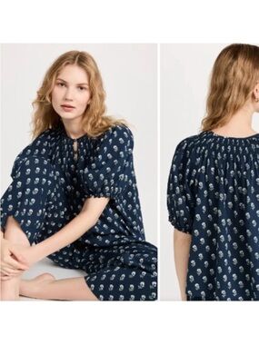 THE GREAT The Smocked Sleep Top In Deep Blue Floral Block Print Size 0